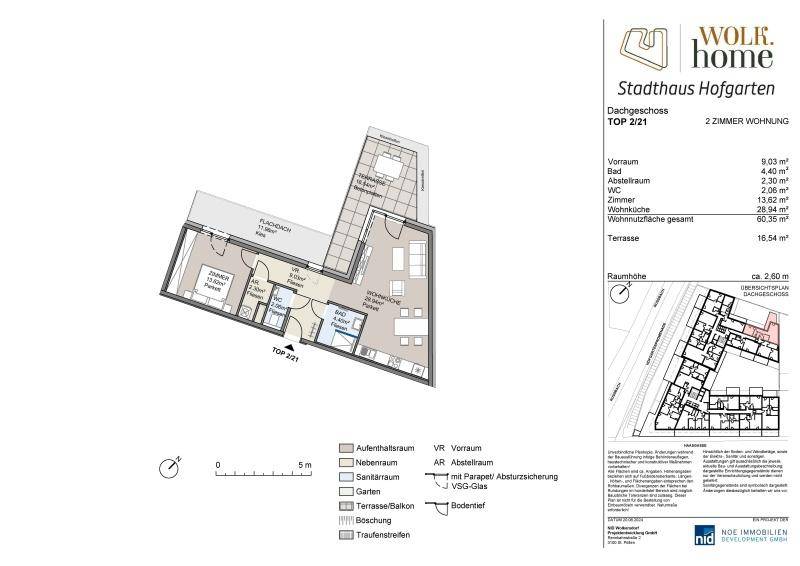 Grundriss einer 2-Zimmer-Wohnung mit offener Wohnküche, Bad, separatem WC und großer Terrasse.