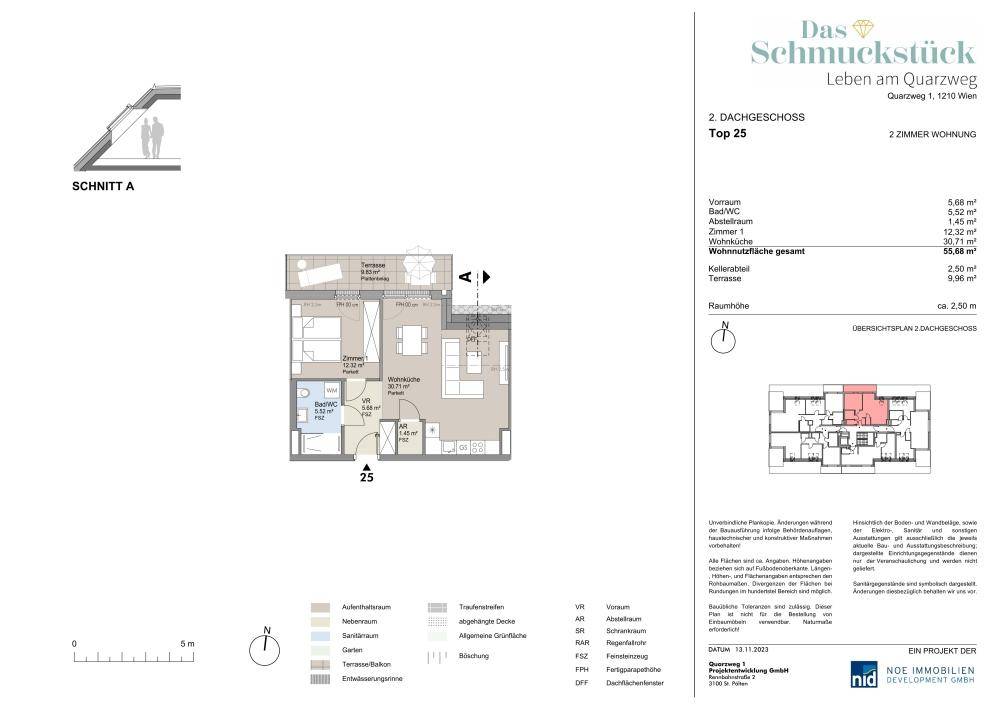 Grundriss einer 2-Zimmer-Wohnung im Dachgeschoss mit offener Wohnküche, einem Schlafzimmer und einer großzügigen Terrasse.