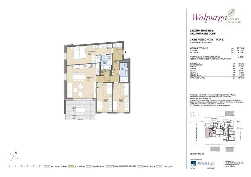 Grundriss einer 4-Zimmer-Wohnung im 2. Obergeschoss mit offener Raumaufteilung und Loggia.