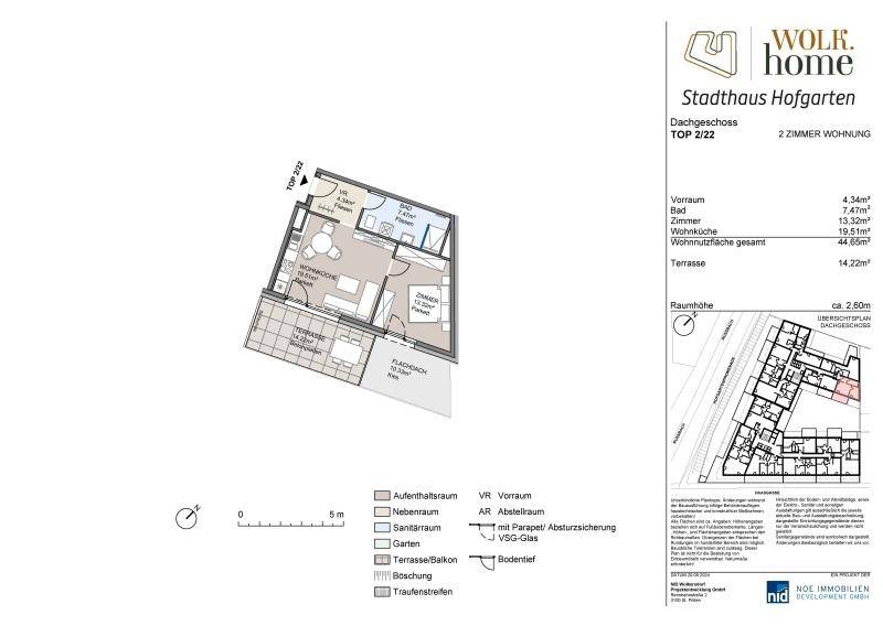 Grundriss einer 2-Zimmer-Wohnung im Dachgeschoss mit offener Wohnküche und großer Terrasse.