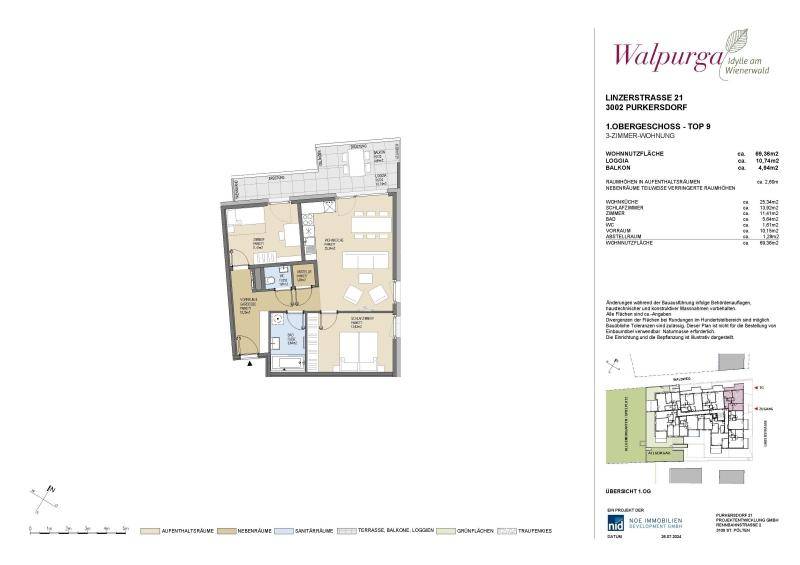 Detaillierter Grundriss einer 3-Zimmer-Wohnung im Obergeschoss mit Loggia und Balkon.