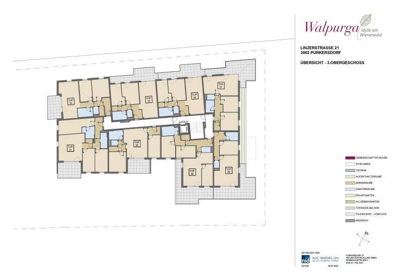 Übersichtsplan des 3. Obergeschosses mit mehreren Wohneinheiten und Gemeinschaftsflächen.