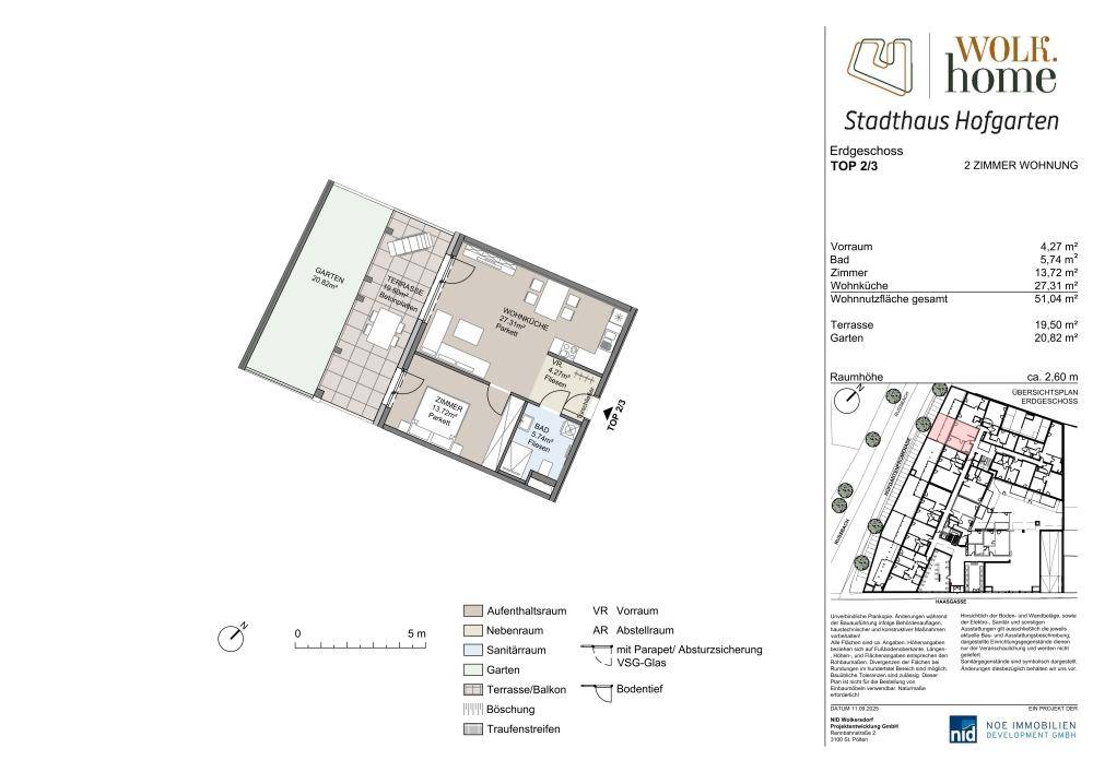 Grundriss einer 2-Zimmer-Wohnung im Erdgeschoss mit Terrasse und Garten.