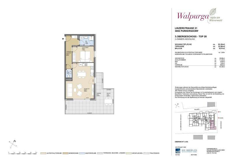 Detaillierter Grundriss einer 2-Zimmer-Wohnung im 3. Obergeschoss mit Terrasse und Balkon.