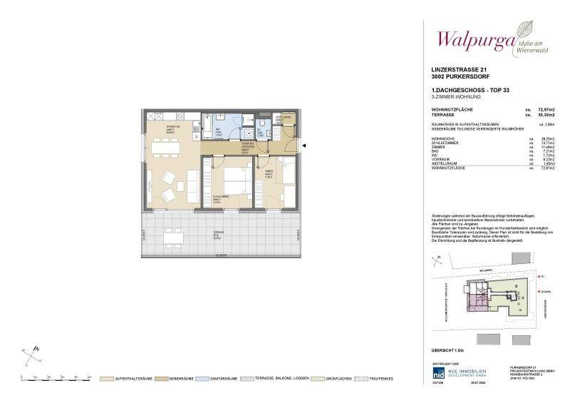 Grundriss einer 3-Zimmer-Wohnung im Dachgeschoss mit Terrasse und offenem Wohnbereich.