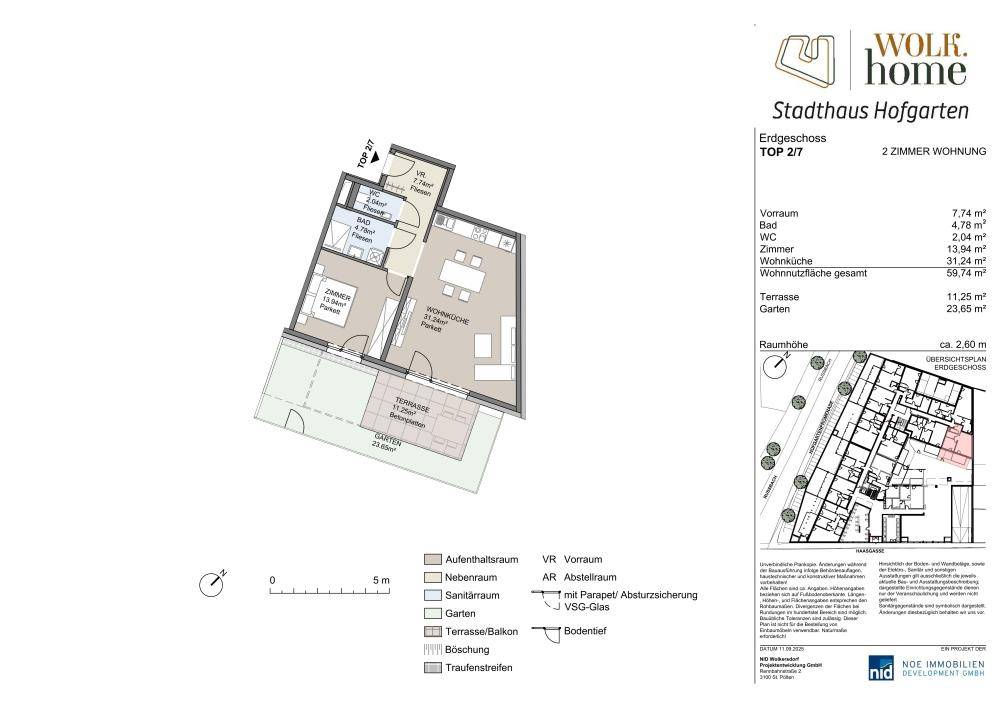 Detaillierter Grundriss einer 2-Zimmer-Wohnung im Erdgeschoss mit Terrasse und Garten.