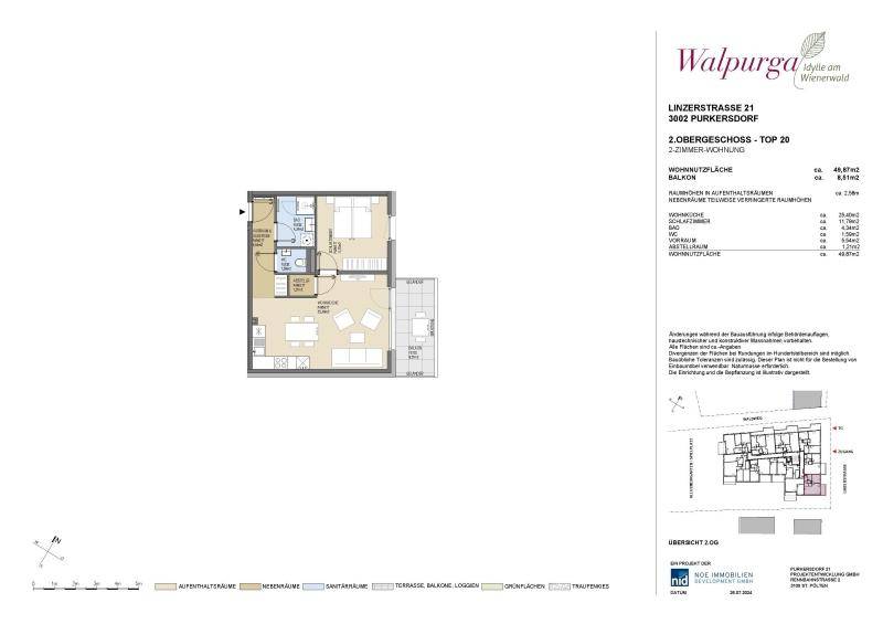 Grundriss der 2-Zimmer-Wohnung TOP 20 mit Balkon und klarer Raumaufteilung.