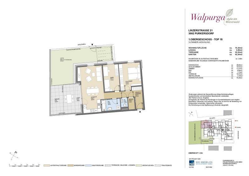 Detaillierter Grundriss einer 3-Zimmer-Wohnung mit Loggia und Terrasse.