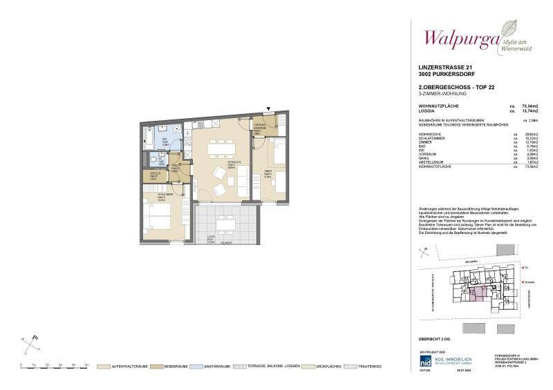Grundriss einer 3-Zimmer-Wohnung mit Loggia und offenem Wohnbereich.