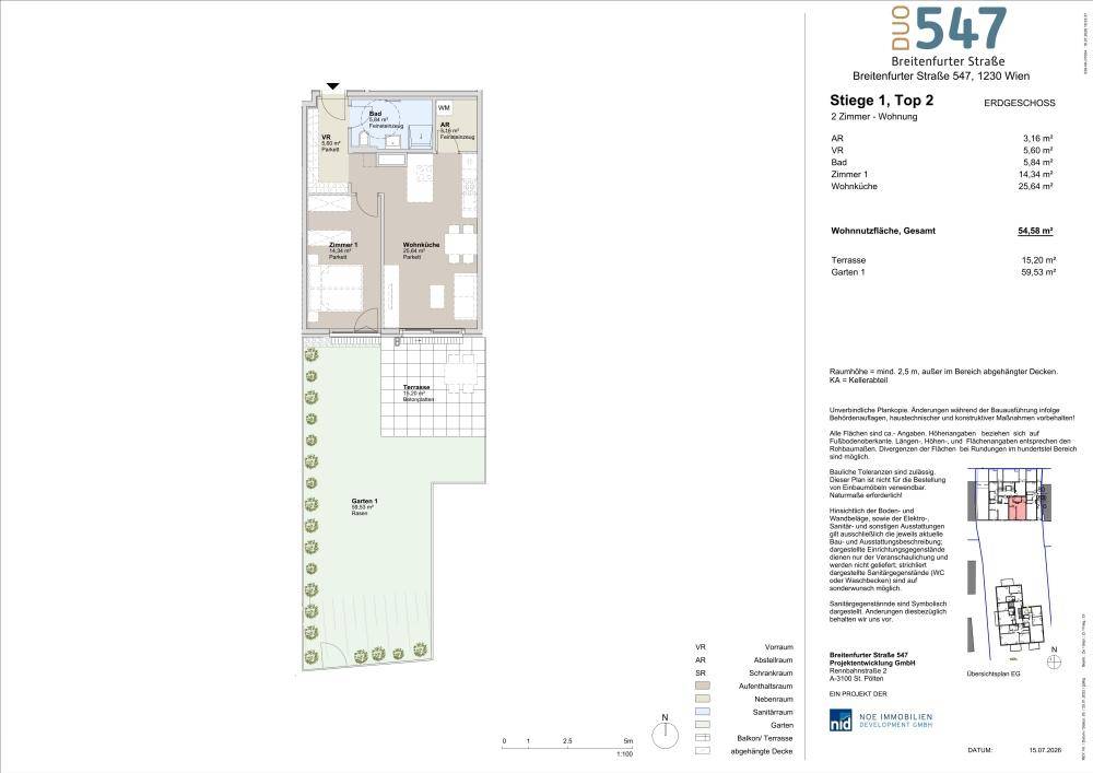 Grundriss einer 2-Zimmer-Wohnung mit Terrasse und eigenem Gartenbereich im Erdgeschoss.