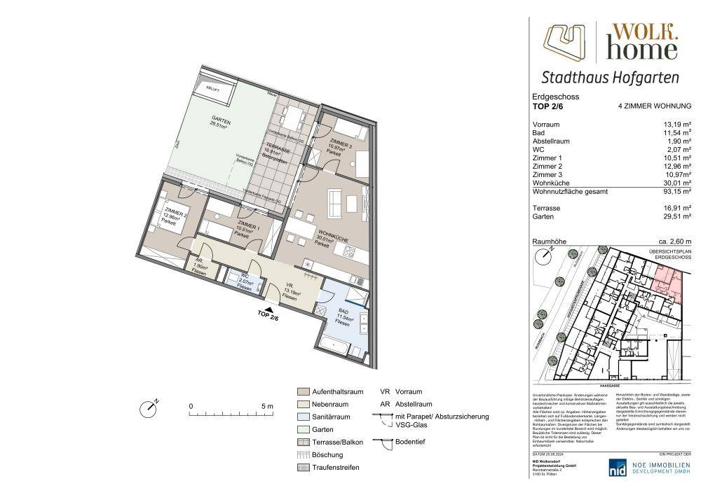 Grundriss einer 4-Zimmer-Wohnung im Erdgeschoss mit Terrasse und Garten.