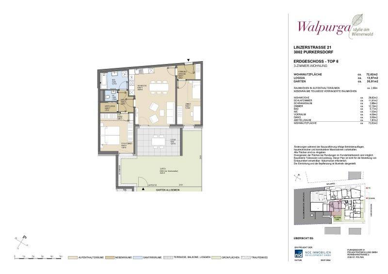 Detaillierter Grundriss einer 3-Zimmer-Wohnung mit Loggia und Gartenanteil.