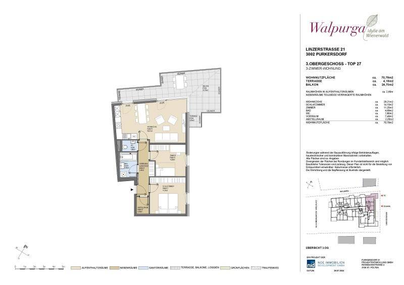 Grundriss der 3-Zimmer-Wohnung Top 27 im 3. Obergeschoss mit Terrasse und Balkon.