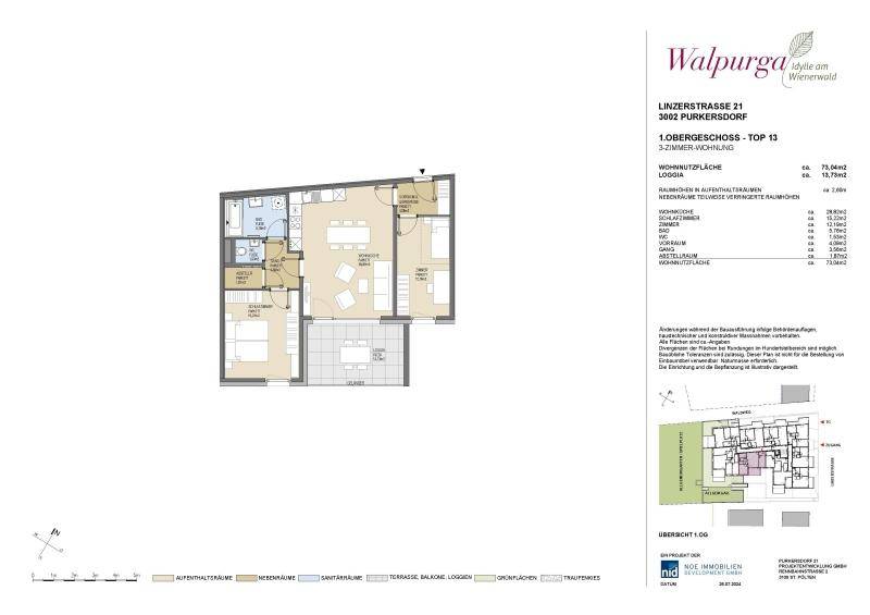 Detaillierter Grundriss einer 3-Zimmer-Wohnung mit Loggia und klarer Raumaufteilung.