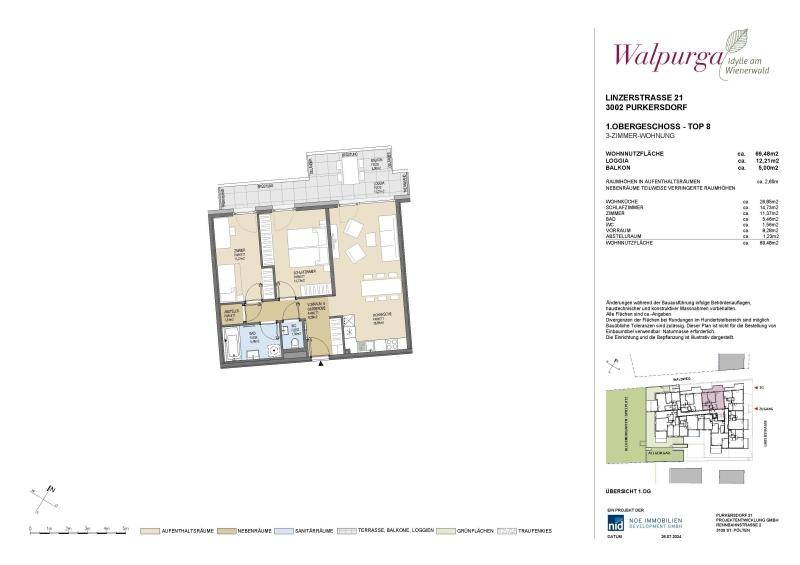 Grundriss der Wohnung Top 8 im ersten Obergeschoss mit Loggia und Balkon.