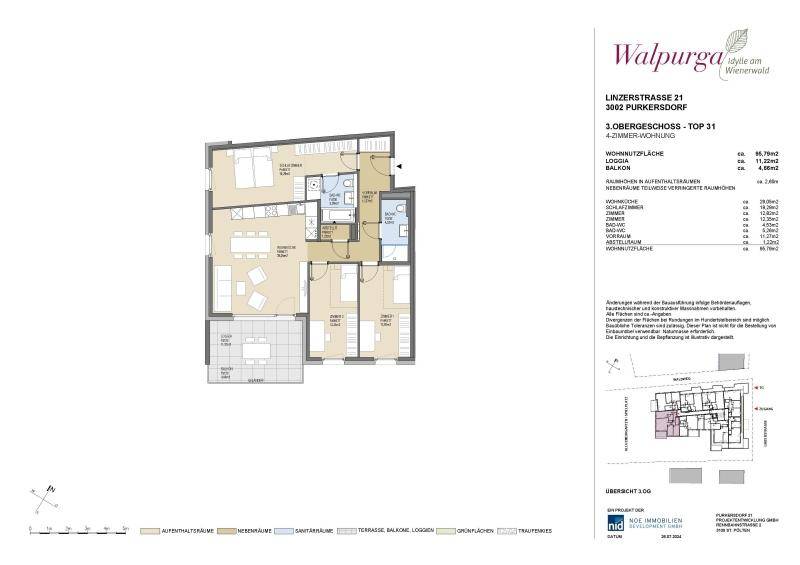 Detaillierter Grundriss einer 4-Zimmer-Wohnung im 3. Obergeschoss mit Loggia.