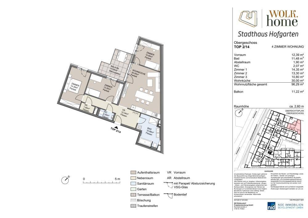 Grundriss einer modernen 4-Zimmer-Wohnung mit offener Wohnküche, Balkon und zwei Bädern.