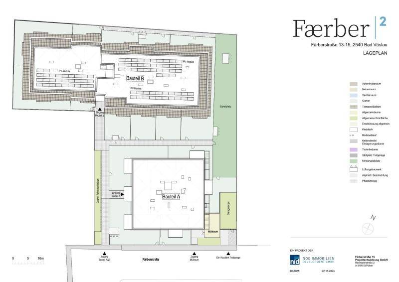 Lageplan des Projekts Färber mit zwei Gebäudeteilen A und B, zeigt die Anordnung der Gebäude und Außenbereiche.