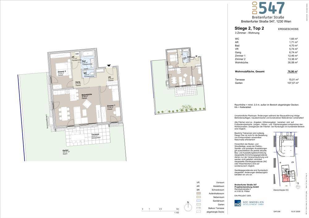 Grundriss einer 3-Zimmer-Wohnung mit Terrasse und Gartenanteil im Erdgeschoss.