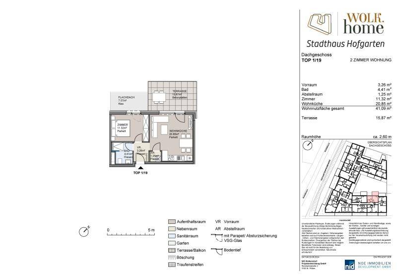 Grundriss einer 2-Zimmer-Wohnung im Dachgeschoss mit offener Wohnküche, Schlafzimmer und großer Terrasse.