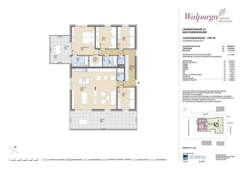 Grundriss einer geräumigen 5-Zimmer-Wohnung mit großer Terrasse und Balkon.