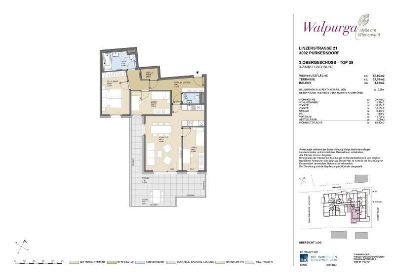 Detaillierter Grundriss einer 4-Zimmer-Wohnung im 3. Obergeschoss mit Terrasse und Balkon.