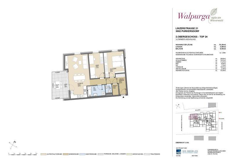 Detaillierter Grundriss einer 3-Zimmer-Wohnung mit Loggia und Balkon im 2. Obergeschoss.