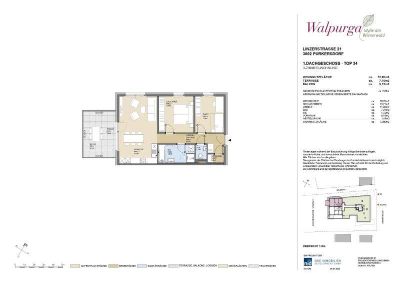 Grundriss einer 3-Zimmer-Wohnung mit Terrasse und Balkon im Dachgeschoss.