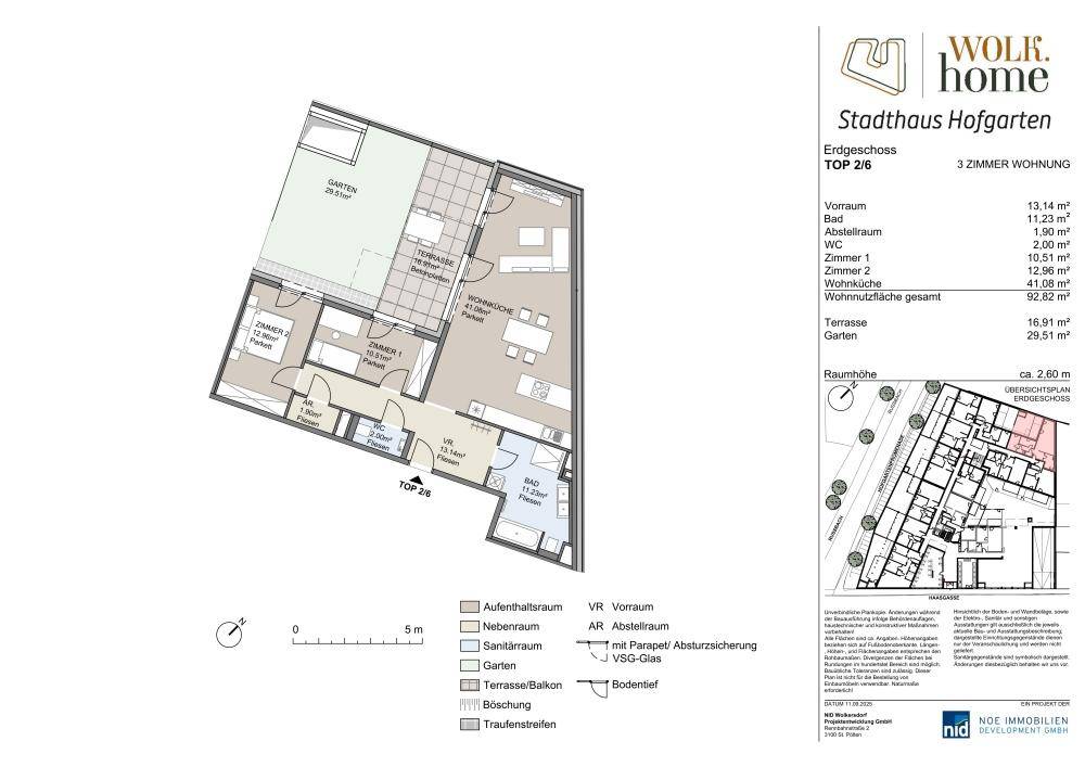 Grundriss einer 3-Zimmer-Wohnung im Erdgeschoss mit Terrasse und Garten.