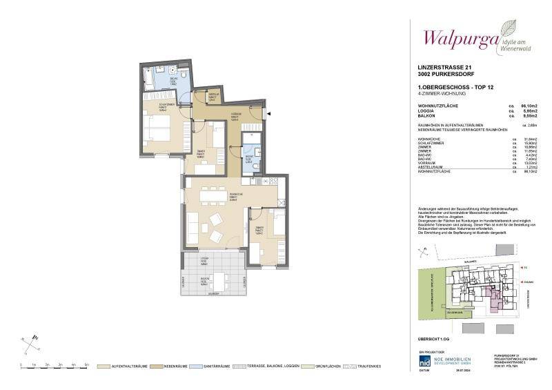 Detaillierter Grundriss einer 4-Zimmer-Wohnung im ersten Obergeschoss mit Loggia und Balkon.