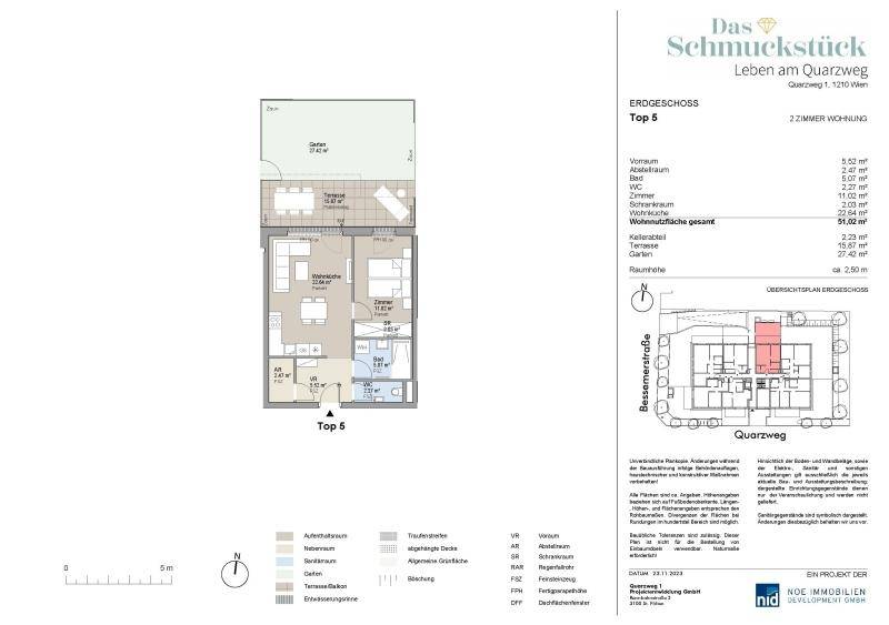 Grundriss einer Erdgeschosswohnung mit offenem Wohn-Essbereich, Schlafzimmer, Bad, WC, Terrasse und Garten.