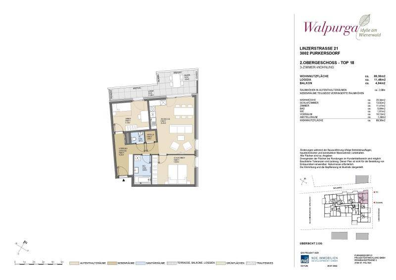 Grundriss einer 3-Zimmer-Wohnung im 2. Obergeschoss mit Loggia und Balkon.