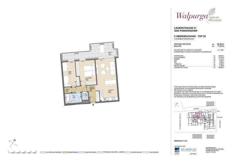 Grundriss einer 3-Zimmer-Wohnung im 3. Obergeschoss mit offenem Wohnbereich und Balkon.