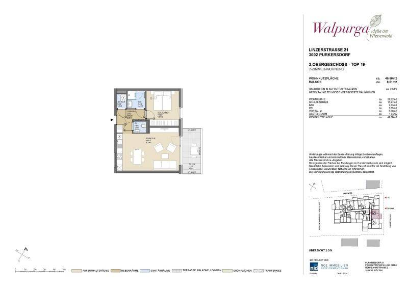 Grundriss einer 2-Zimmer-Wohnung mit offenem Wohnbereich, Schlafzimmer und Balkon.