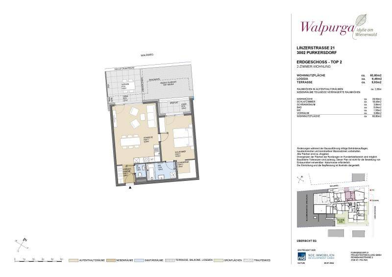 Grundriss einer 2-Zimmer-Wohnung im Erdgeschoss mit Loggia und Terrasse.