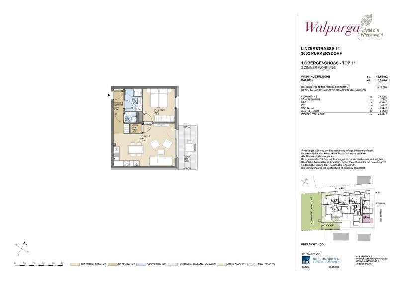 Grundriss der 2-Zimmer-Wohnung Top 11 im Obergeschoss mit Balkon.