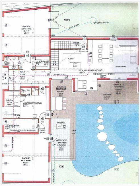 Grundriss des Erdgeschosses mit Garage, offenem Wohnbereich, Terrassen und Pool.