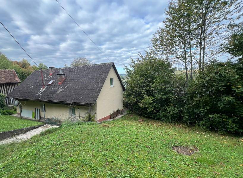 Rückansicht des Hauses, teilweise in einen Hang gebaut, mit einem kleinen Fenster und umgebendem Grün.