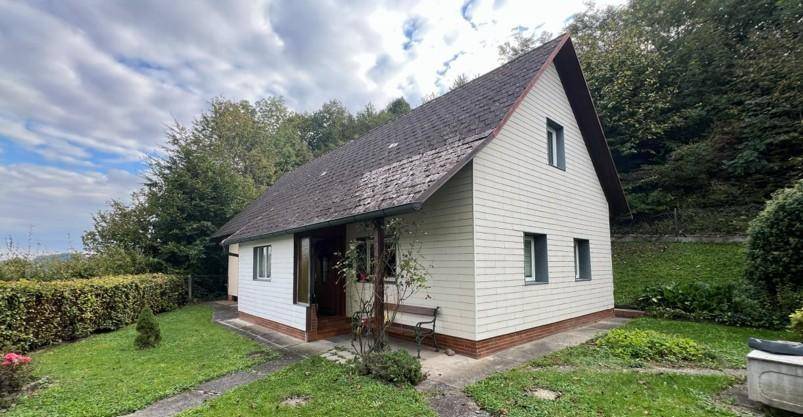 Das charmante Einfamilienhaus mit weißer Fassade und dunklem Satteldach, umgeben von gepflegtem Rasen.