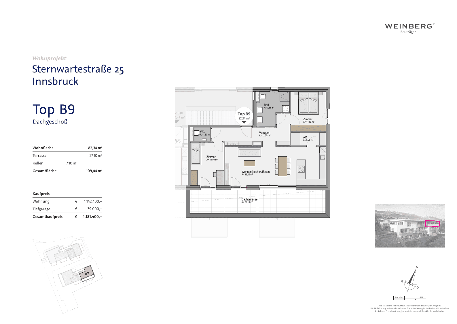 Grundriss einer Dachgeschosswohnung mit offenem Wohn-/Koch-/Essbereich, großer Dachterrasse und zwei Schlafzimmern.
