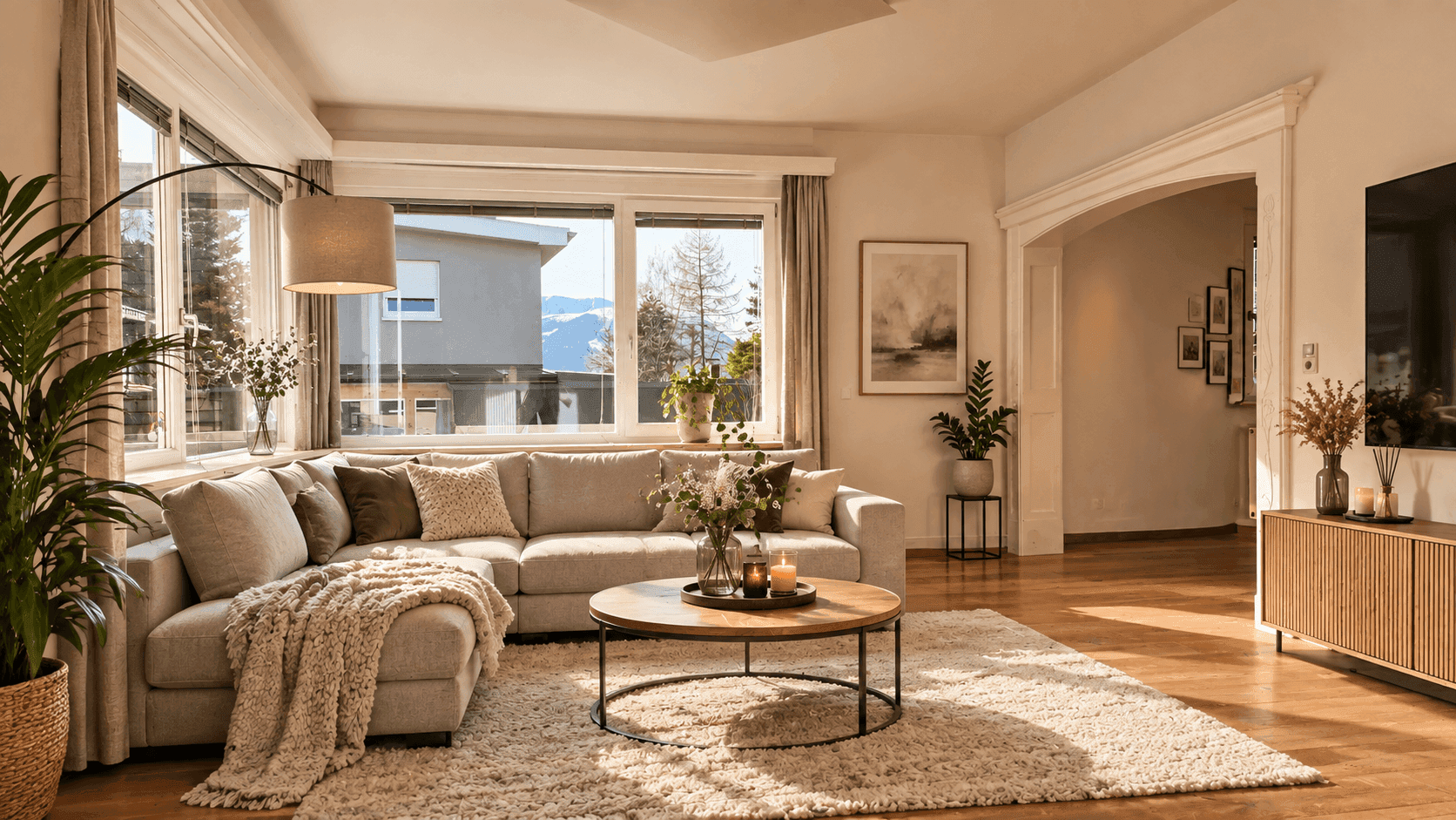 Helles Wohnzimmer mit großem Ecksofa, Holzboden und weitem Blick auf die Berge.