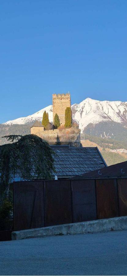 Historische Burg auf einem Hügel mit schneebedeckten Bergen im Hintergrund unter blauem Himmel.