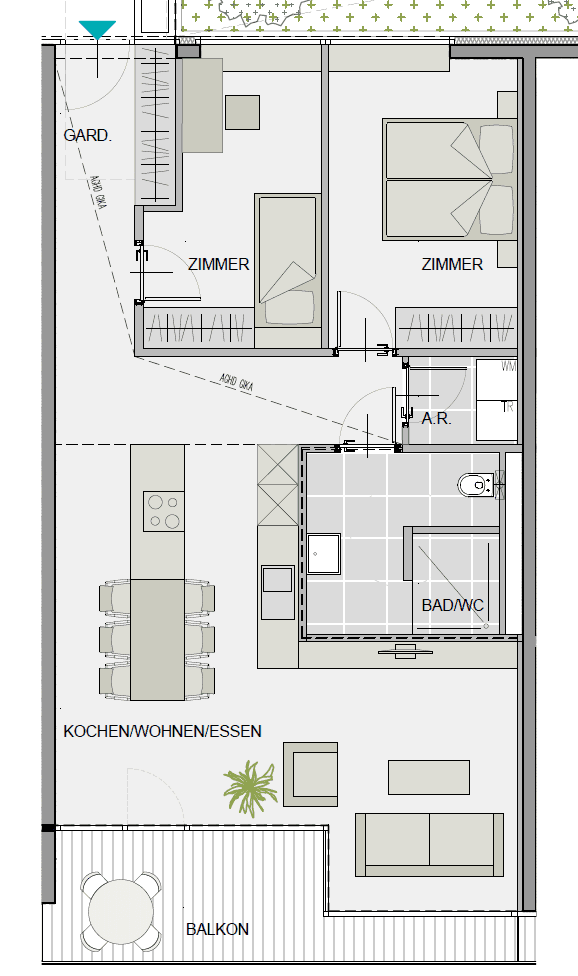 Grundriss einer Wohnung mit offenem Wohnbereich, zwei Schlafzimmern, Bad und Balkon.