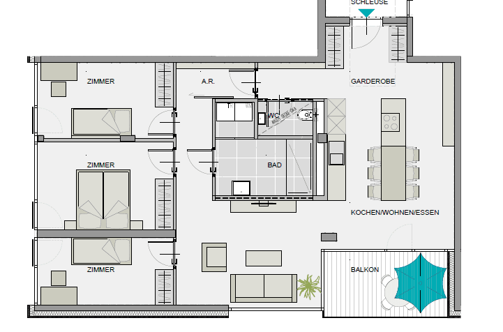 Grundriss einer Wohnung mit drei Zimmern, Bad, Garderobe und Balkon.