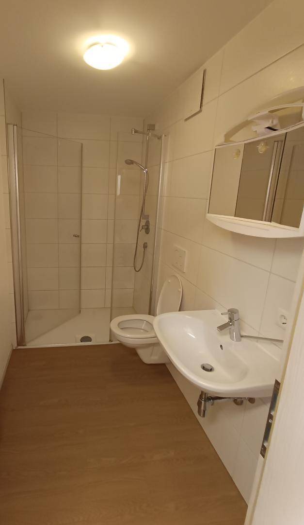 Funktionales Badezimmer mit Duschkabine, wandhängendem WC und Einzelwaschbecken.