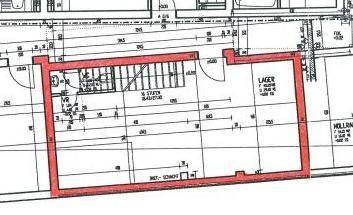 Ausschnitt eines Grundrisses, der einen Lagerbereich mit integriertem Treppenhaus darstellt.