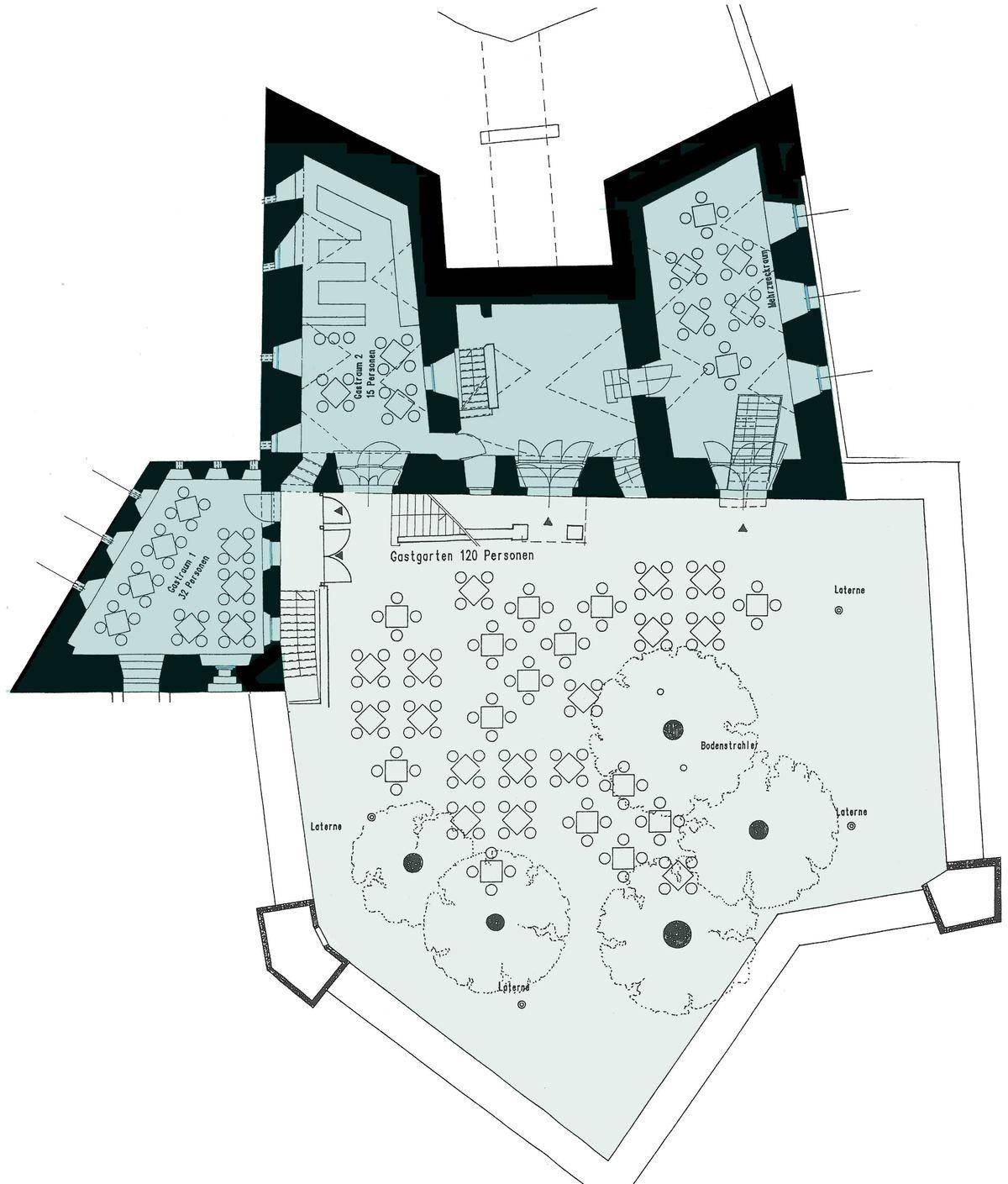Grundriss mit Gastgarten für 120 Personen und Innenbereichen.
