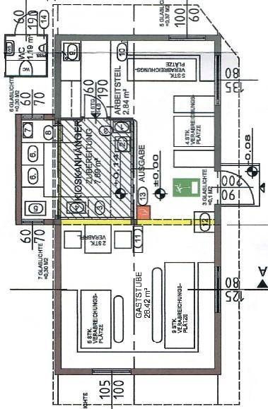 Grundrissplan eines Gewerbeobjekts mit Gaststube, Arbeitsbereich und Kiosk.