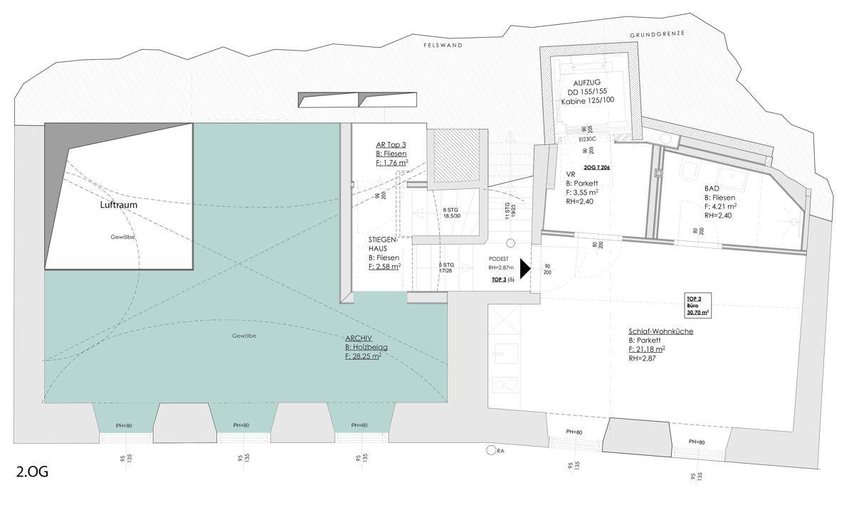 Grundriss des zweiten Obergeschosses mit Wohnküche, Bad und Treppenhaus.