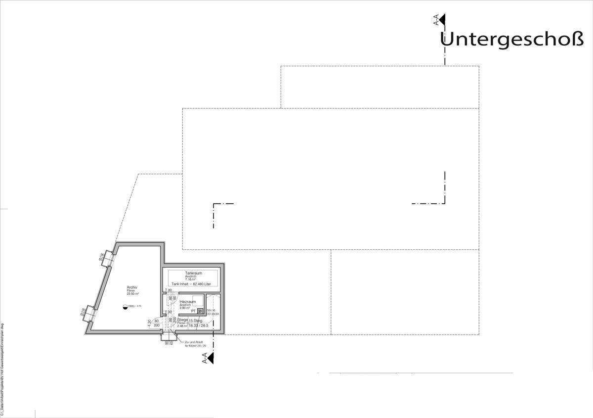 Grundriss des Untergeschosses mit einem Technikraum und einem weiteren Bereich.